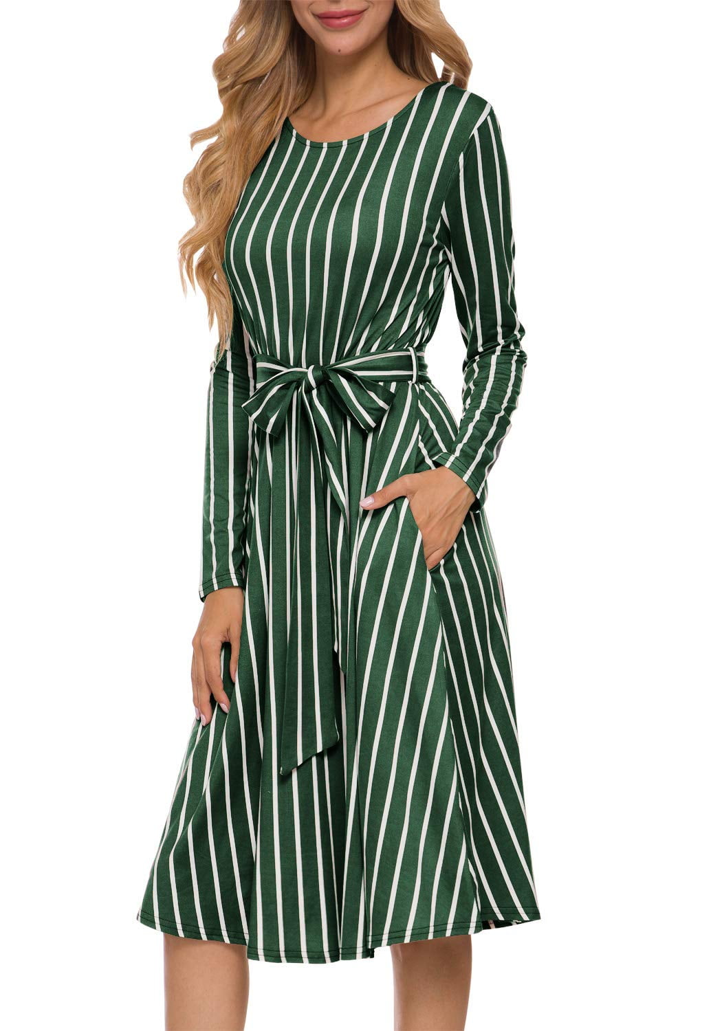 LEVACA Women's Flowy Striped Long Sleeve Pocket Modest Work Midi Dress with  Belt Long sleeve striped dress with flowers - Walmart.com